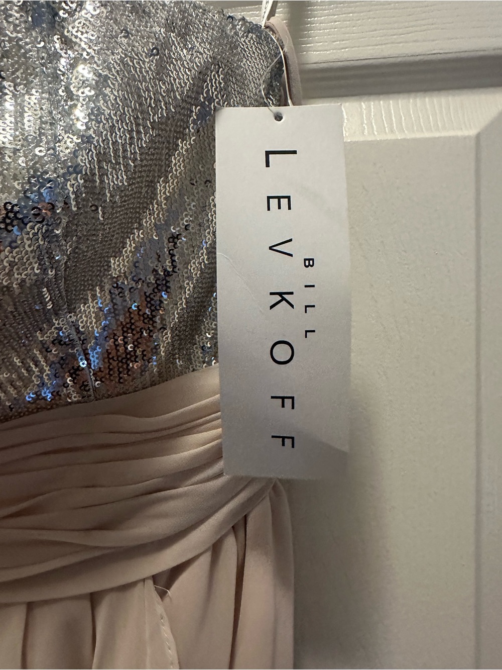 Bill Levkoff Silver Sequin Bodice Strapless Chiffon Dress - Picture 4 of 10